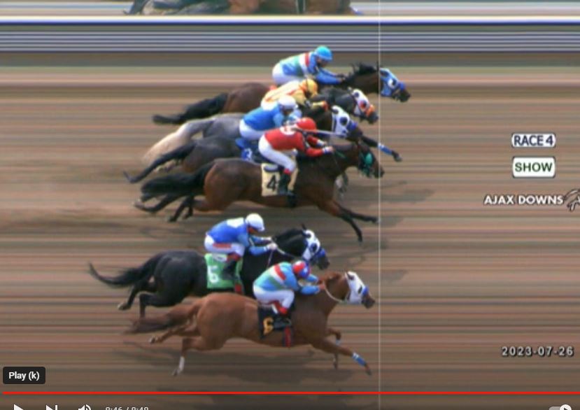 All six horses in a competitive race 4 at Ajax Downs on July 26 were separated by less than half a length with Ontario sired and bred Im Aquick Corona (at the top), winning for James Bogar.