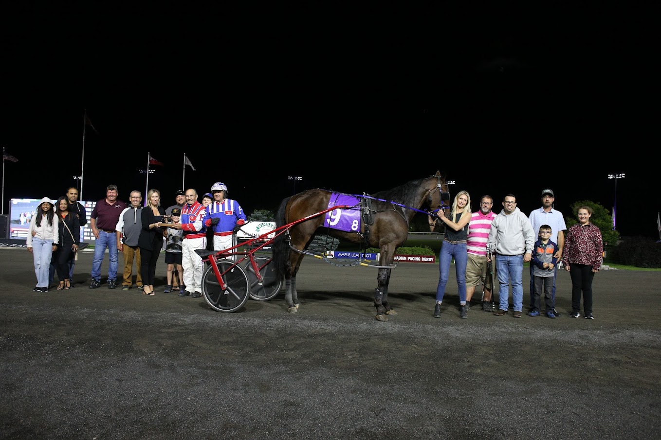 Funtime Bayama in the winner's circle for the second division of the Nassagaweya on August 26, 2023 at Woodbine Mohawk Park.