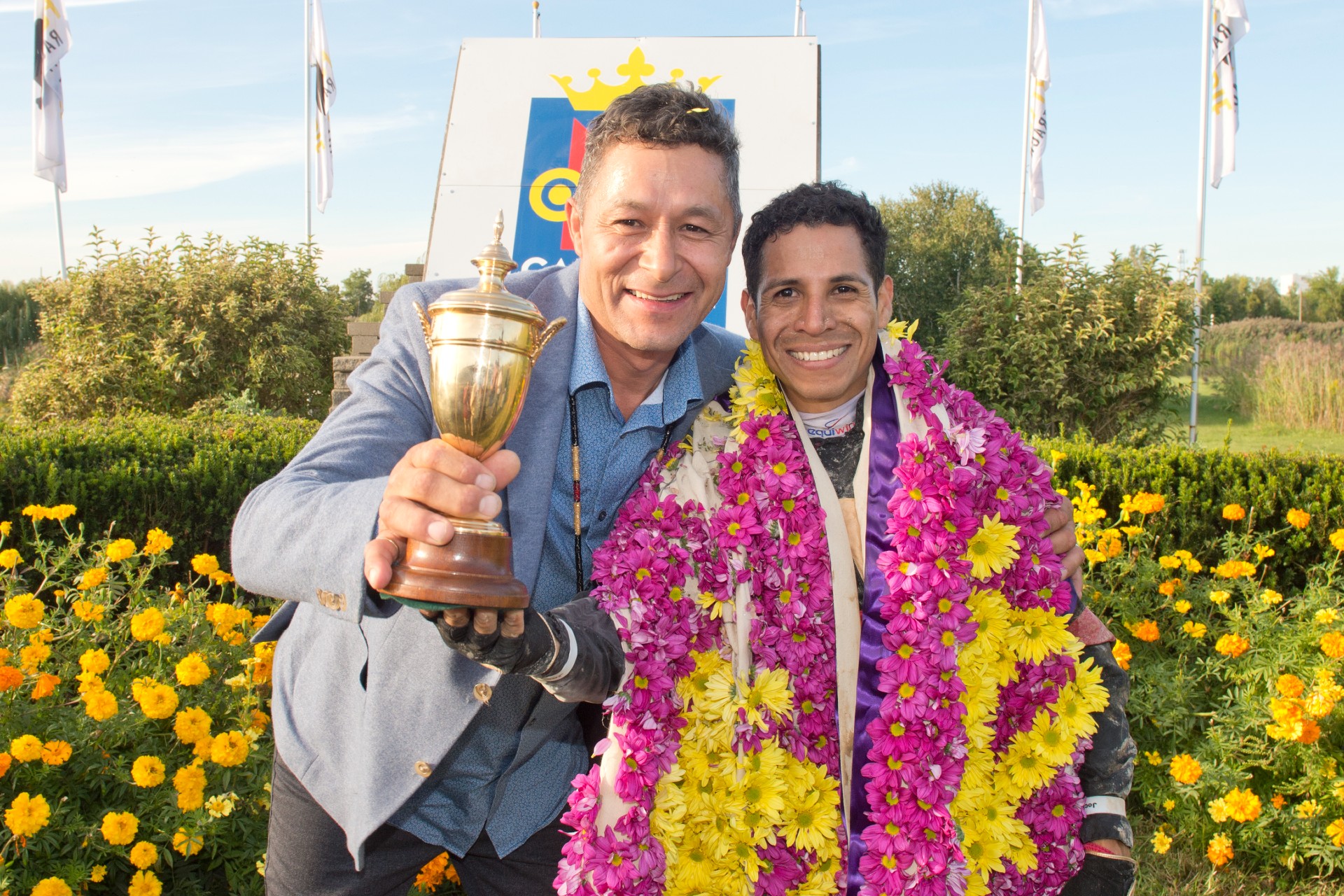 Harold Ladouceur (left) and Jose Campos in the winner’s circle after winning the the 89th Running of the Prince of Wales Stakes at Fort Erie Race Track on Sept. 10, 2024 (Michael Burns Photography)