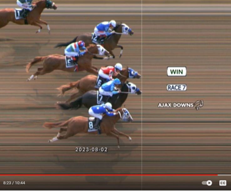 Photo finish of the 4th running of the Ontario Bred Futurity shows #7 Snow Magically Sweet winning by a whisker over #6 Sugar N Pride.