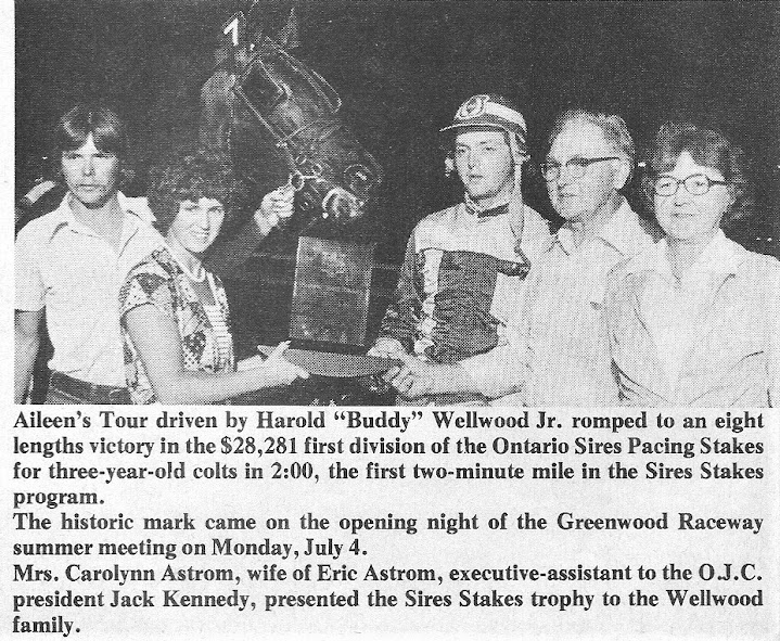 In 1977, the three-year-old pacer Aileens Tour, owned by Harold Wellwood Sr. of Stratford Ont., and driven by his 22-year-old son Harold Jr.