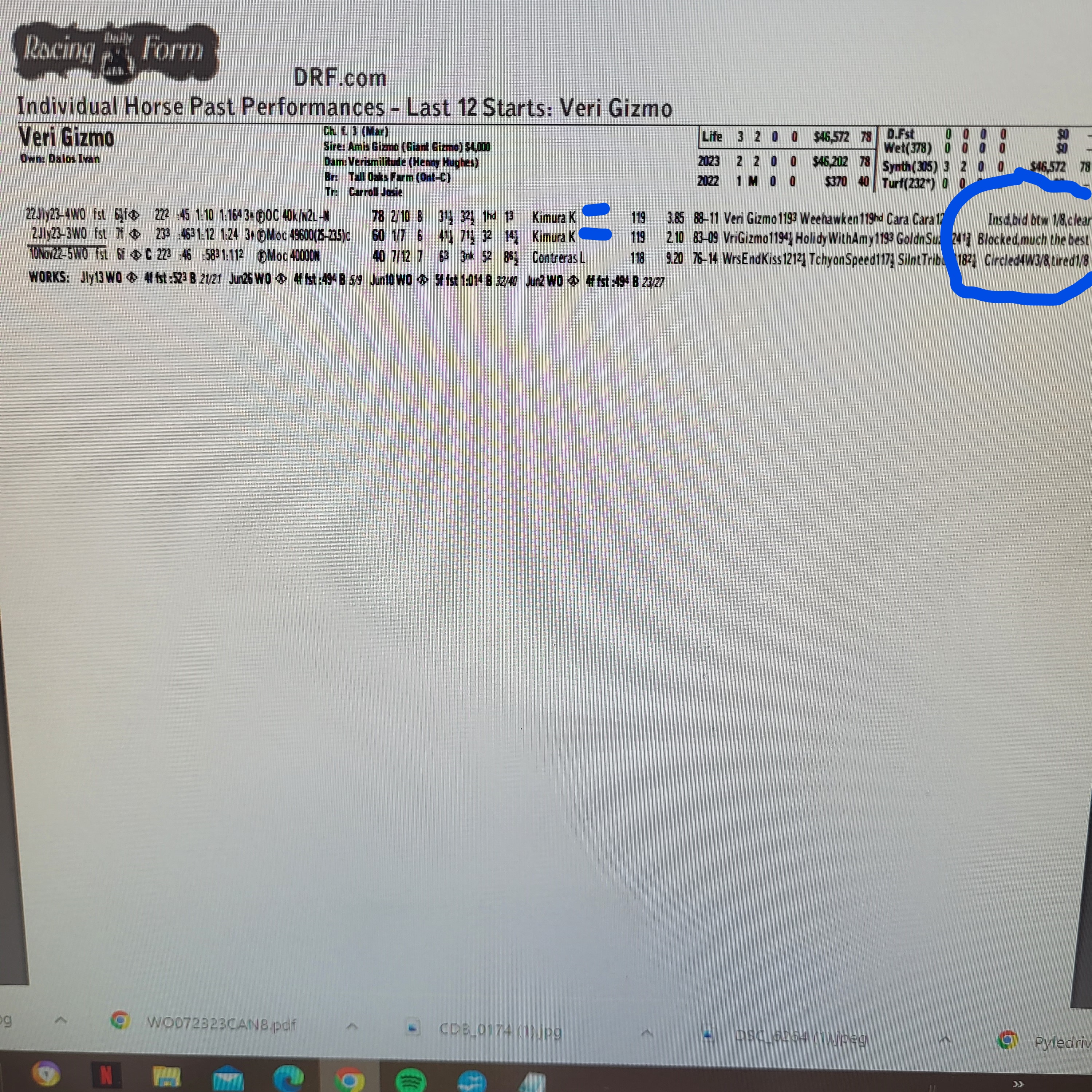 Racing Form detailing a horse's performance.