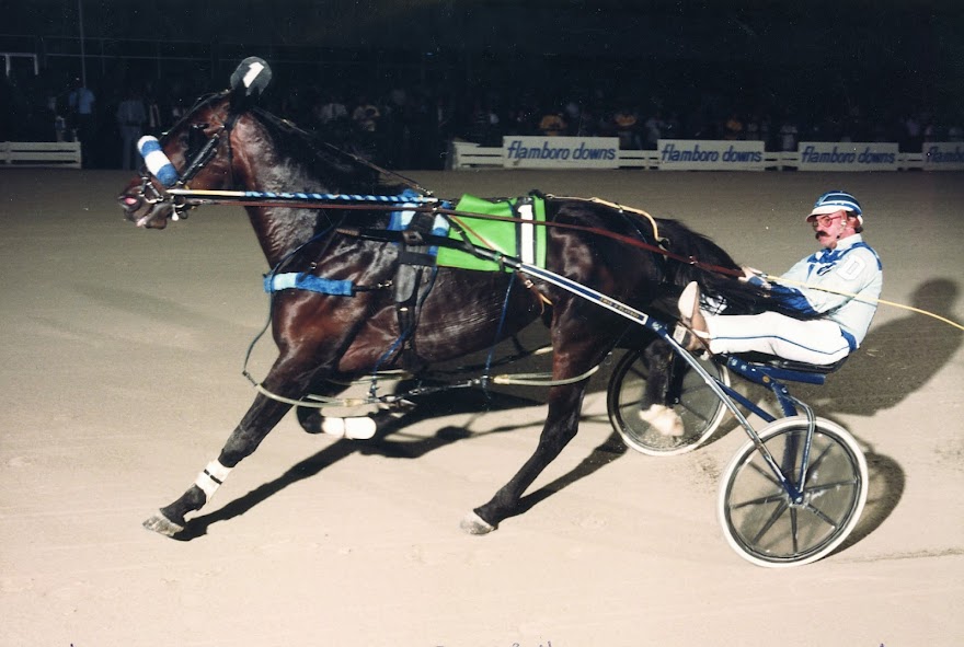 Twin B Playboy was a most dominant performer in OSS action all season long in 1985 and is shown here with trainer Dennis Duke at Flamboro.